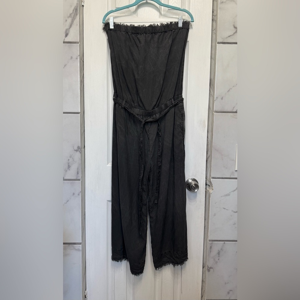 Cloth & Stone Black Strapless Cropped Frayed Hem Wide Leg Jumpsuit Women’s Sz L